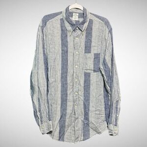 Brooks Brother Shirt Mens XL Linen 346 Long Sleeve Button Down Blue Stripe
